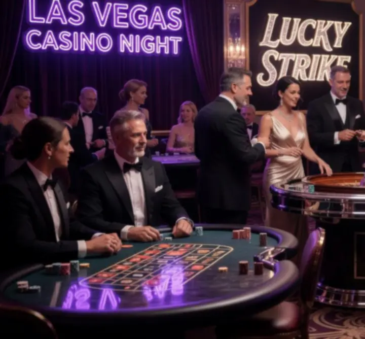 Las Vegas témájú kaszinó est fényes asztalokkal és neon hangulattal