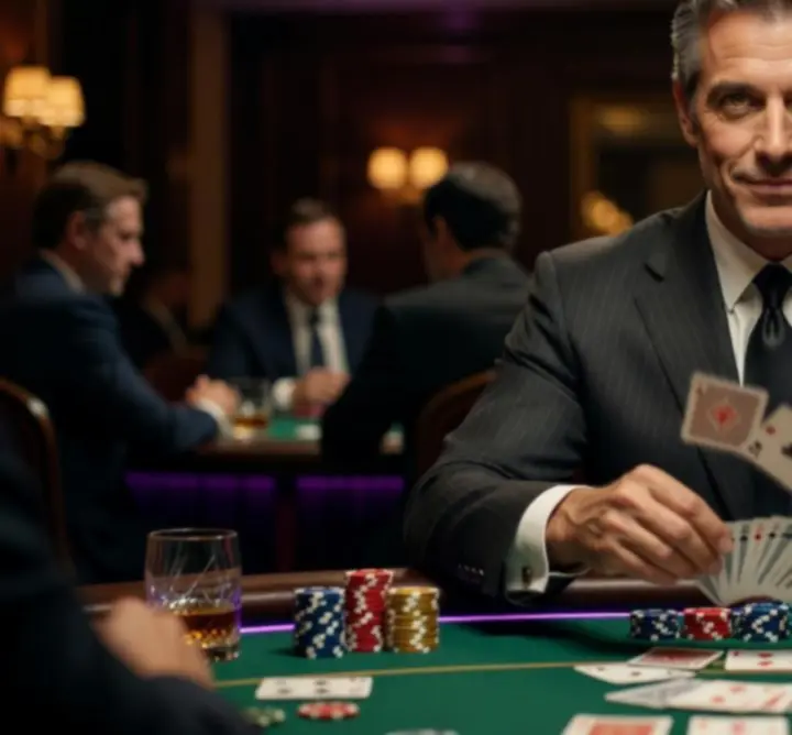 Profi poker osztó akció közben elegáns casino hangulatú esten.