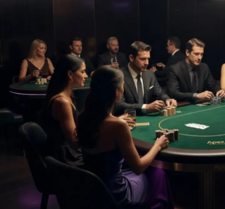 Elegáns poker est felépített mobil kaszinó asztalokkal és hangulatvilágítással.