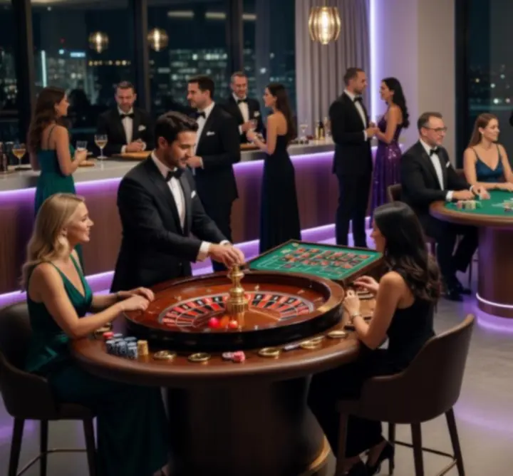 Rulett és blackjack asztalok neonfényes kaszinó hangulatú rendezvényen